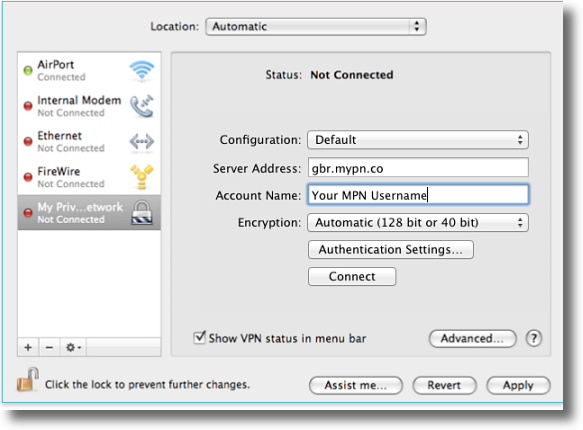 Apple OSX enter PPTP VPN details