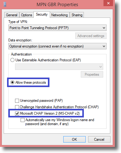 Windows 8.1 Change VPN type to PPTP under Security Tab
