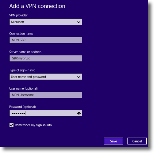 Windows 8.1 Enter PPTP VPN details