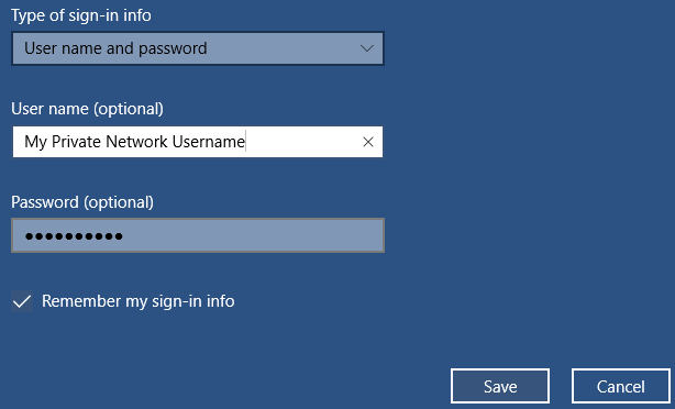 Windows 10 enter VPN credentials