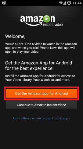 Amazon instant video greeting screen highlighted