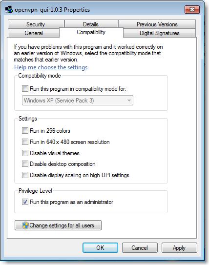 Set Compatibility run as administrator OpenVPN 