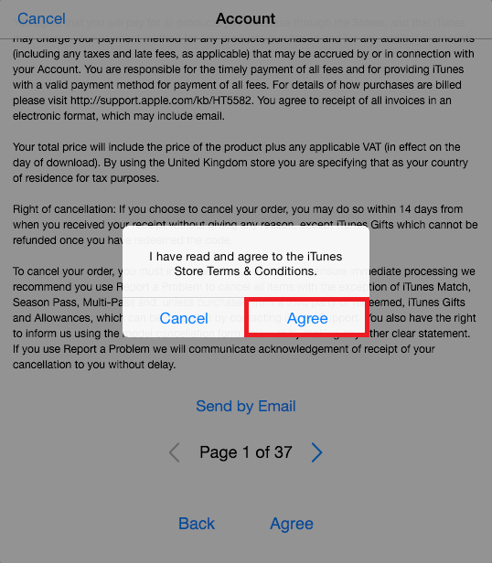 Pop up that confirms that you've read the terms and conditions
