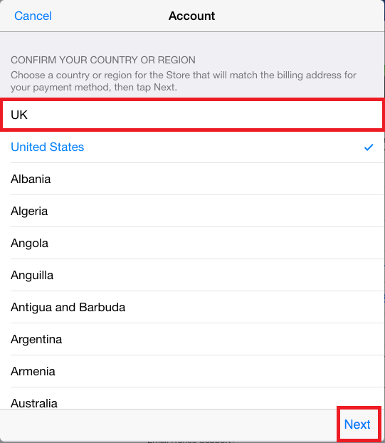 Select the country or region you would like to change to