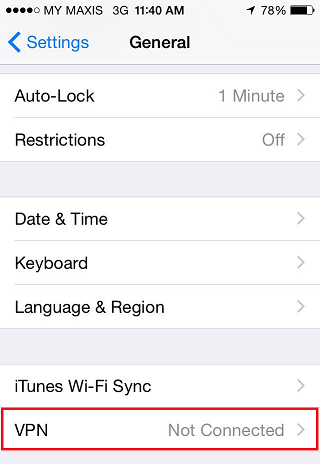 Choosing VPN from the General settings menu