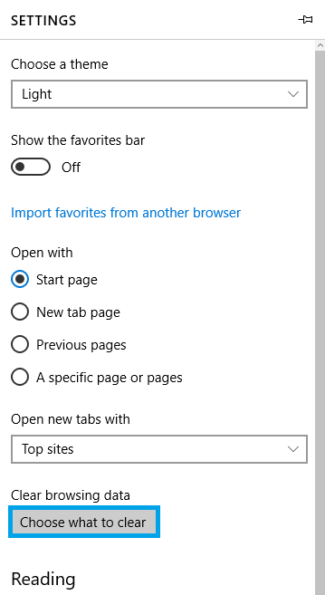 Entering the clearing cache menu from the settings section in Microsoft Edge