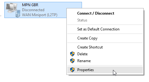 Windows 10 VPN adapter properties settings