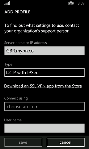 Setting the VPN type to L2TP in the new VPN profile