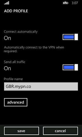 Please ensure that send all traffic is turned on, else, you wouldn't get a VPN IP even if you appear to be connected. Then save the profile name to anything that you want.