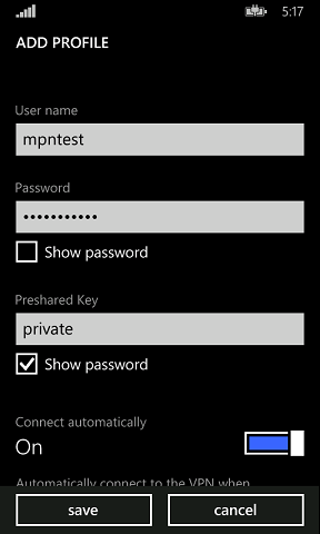 Enter your VPN username, password and then the preshared key: private