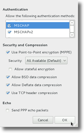 Fedora PPTP VPN advanced settings