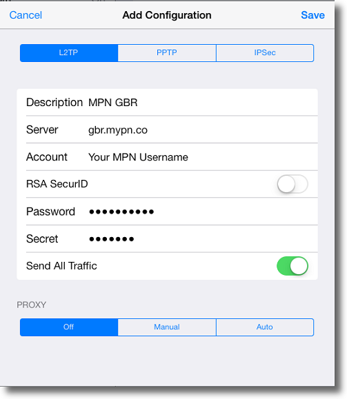 Apple iPad L2TP VPN settings