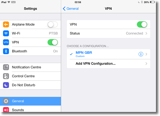 Apple iPad PPTP VPN connected