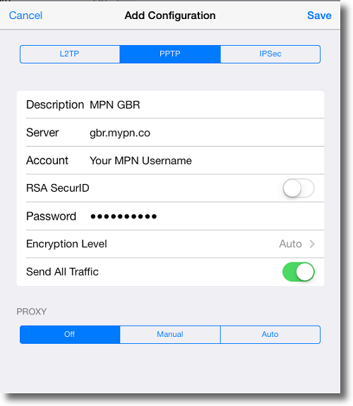 Apple iPad PPTP VPN settings