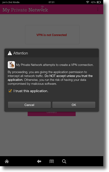 Kindle Fire HDX MPN VPN Manager Connection confirmation