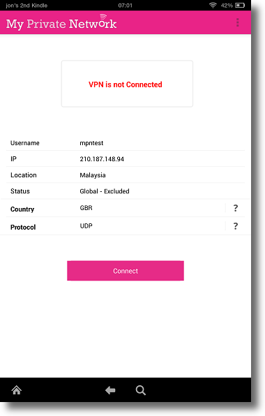 Kindle Fire HDX MPN VPN Manager Connection page