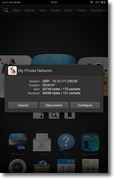 Kindle Fire HDX MPN VPN Manager Disconnect dialog