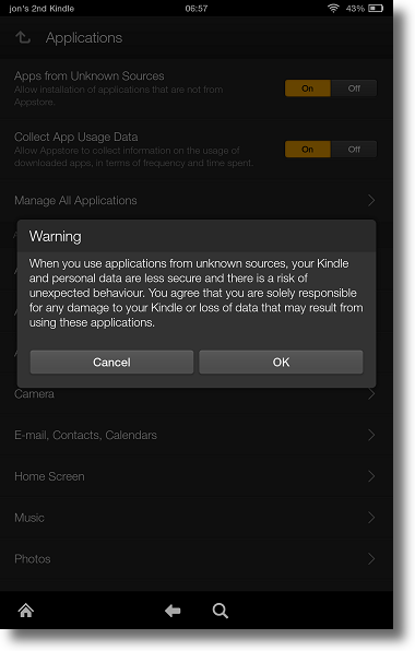 Kindle Fire HDX Unknown App Source confirmation warning