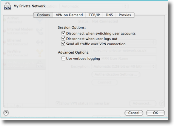 Apple OSX PPTP VPN advanced settings