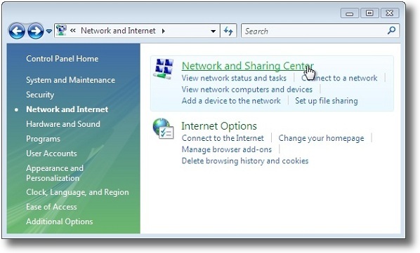 Microsoft Windows Vista PPTP network and sharing center