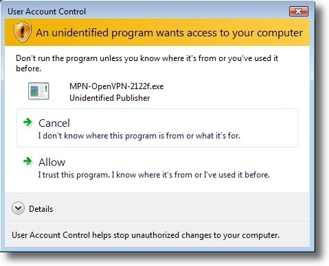 Microsoft Windows Vista user account control warning