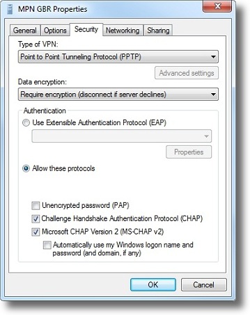 Windows 7 set VPN type to PPTP 