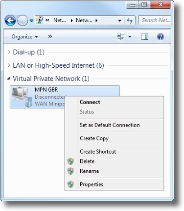 Windows 7 select VPN adapter properties 