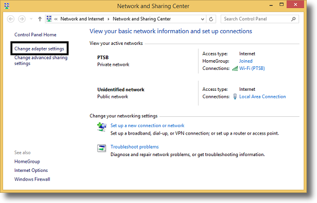 Click on change adapter settings here