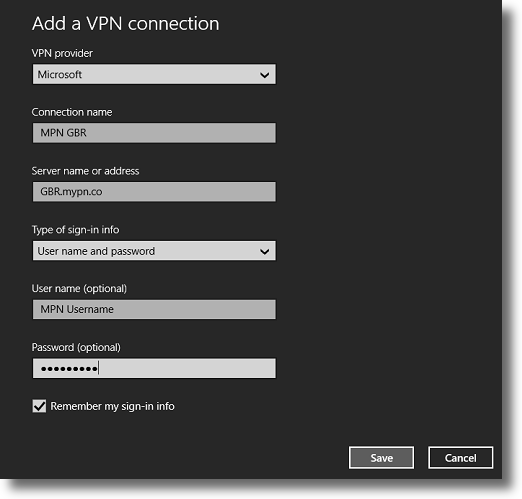 Enter the VPN details to create the connection
