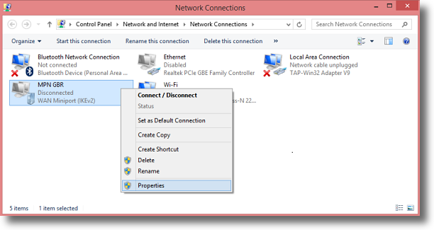 Windows 8.1 Select VPN Properties