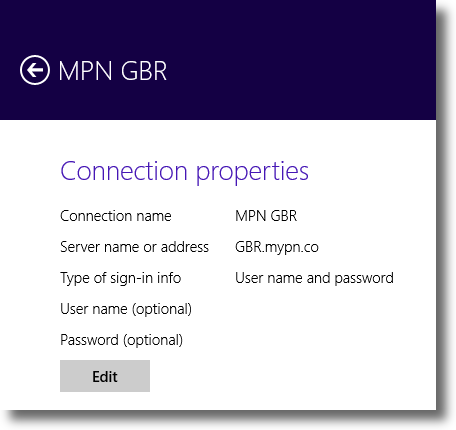 Windows 8.1 VPN Connection Properties page