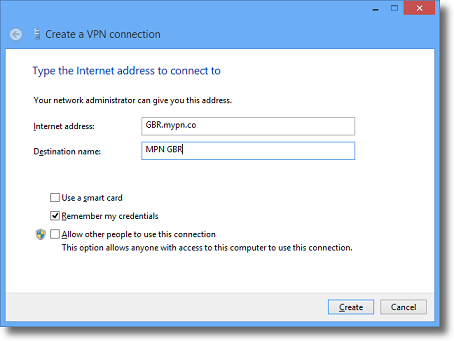 Windows 8 Enter VPN name and address