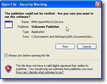 Microsoft Windows XP OpenVPN security warning