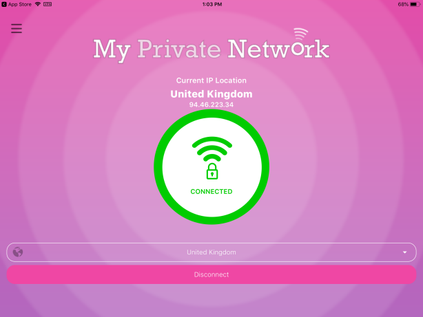 VPN connected status screen on the Apple iPad VPN app