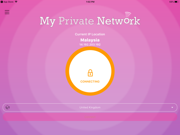 VPN connecting screen on the Apple iPad VPN app