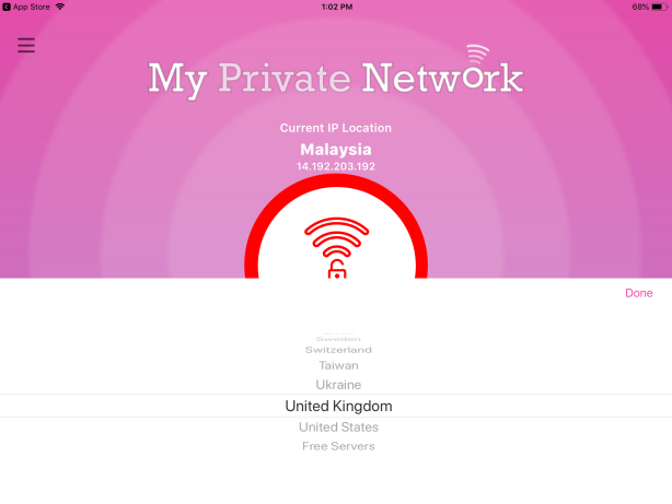 country selection screen on the Apple iPad VPN app