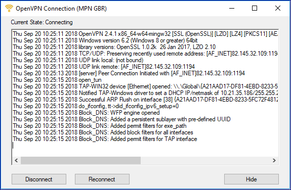 MPN OpenVPN Connecting Status and Log