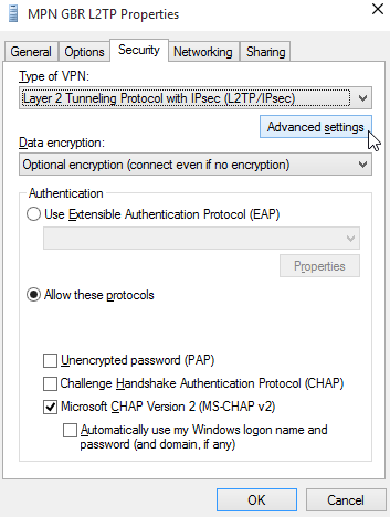 Windows 10 L2TP VPN Advanced Settings