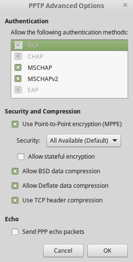 linux mint PPTP VPN advanced settings