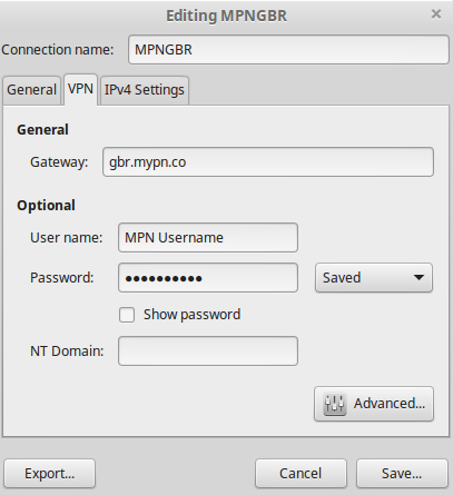 linux mint PPTP VPN settings