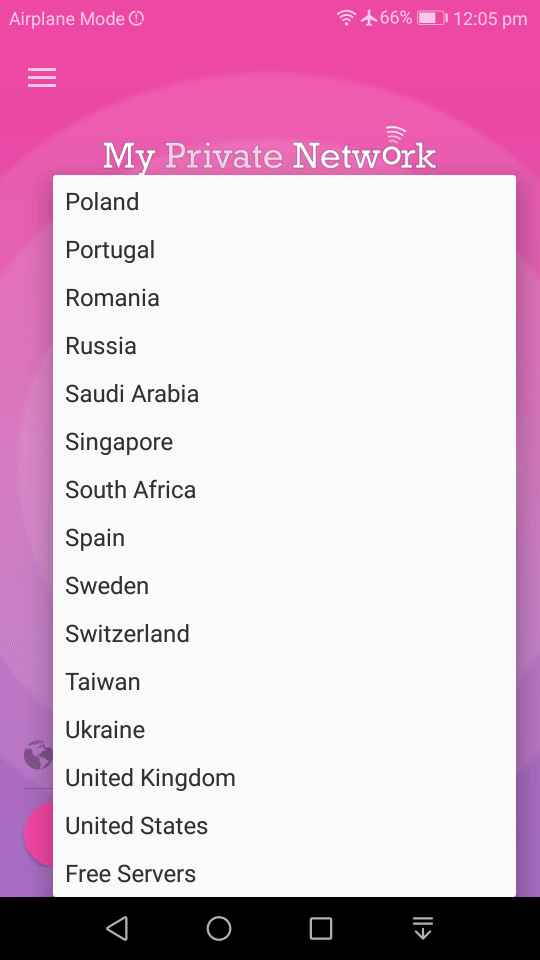 My Private Network Android VPN App Country selection