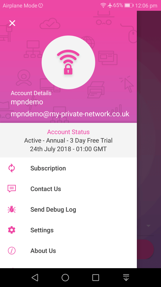 My Private Network Android VPN App menu