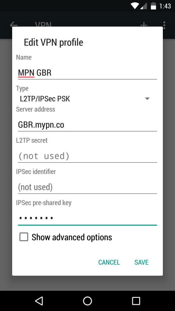 Android L2TP VPN Settings