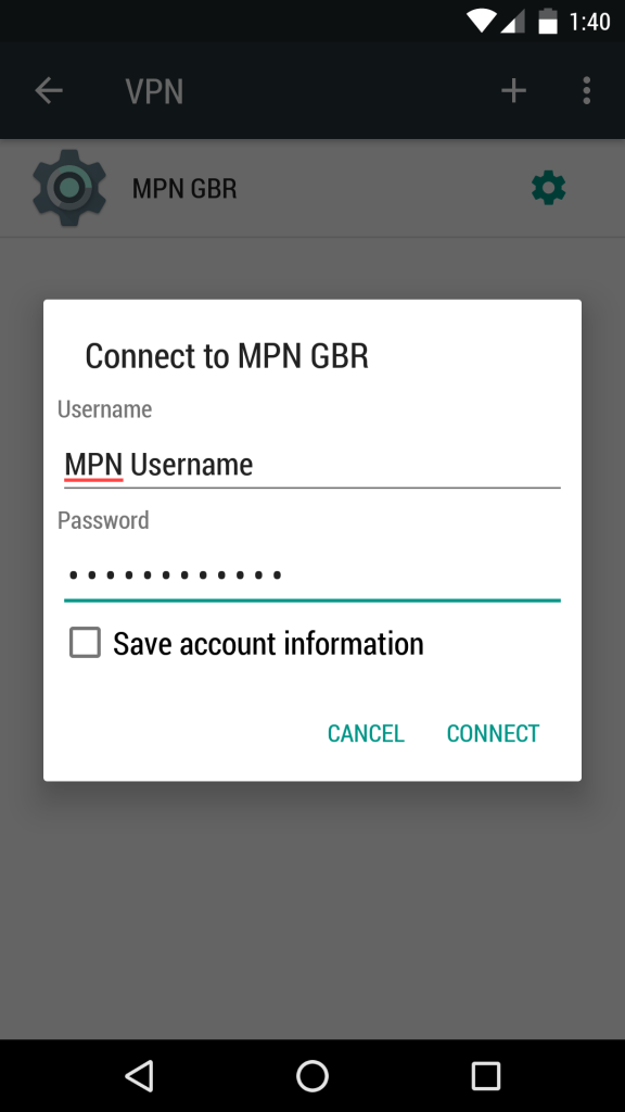 Entering MPN Username and password Android L2TP VPN