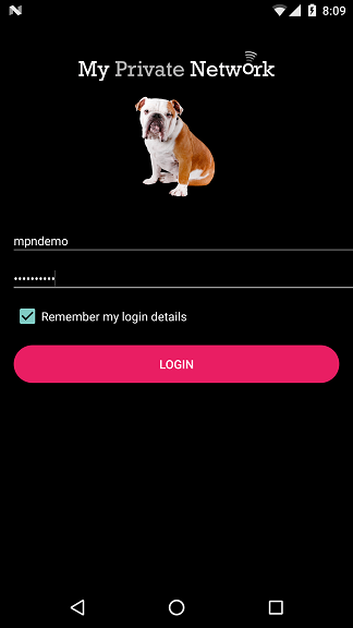 MPN Android VPN App Login Screen