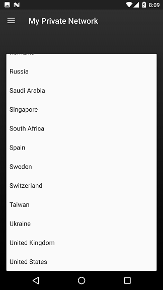 My Private Network Android VPN App Country selection