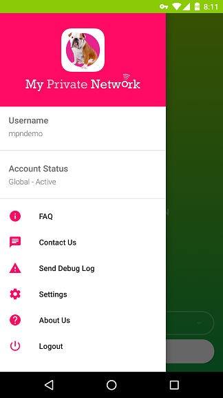 My Private Network Android VPN App menu