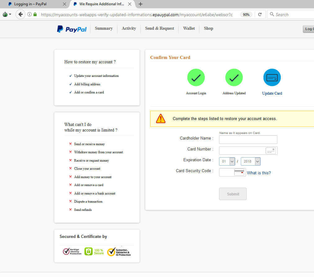 PayPal Phishing Scam - Card Information Request