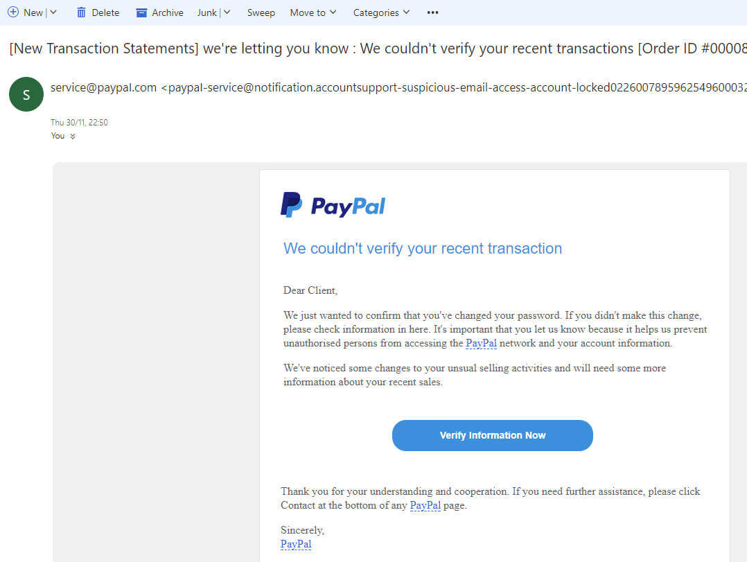 PayPal Phishing Scam Email