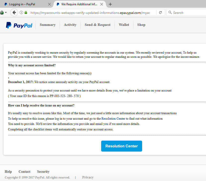 PayPal Phishing Scam - Landing Page